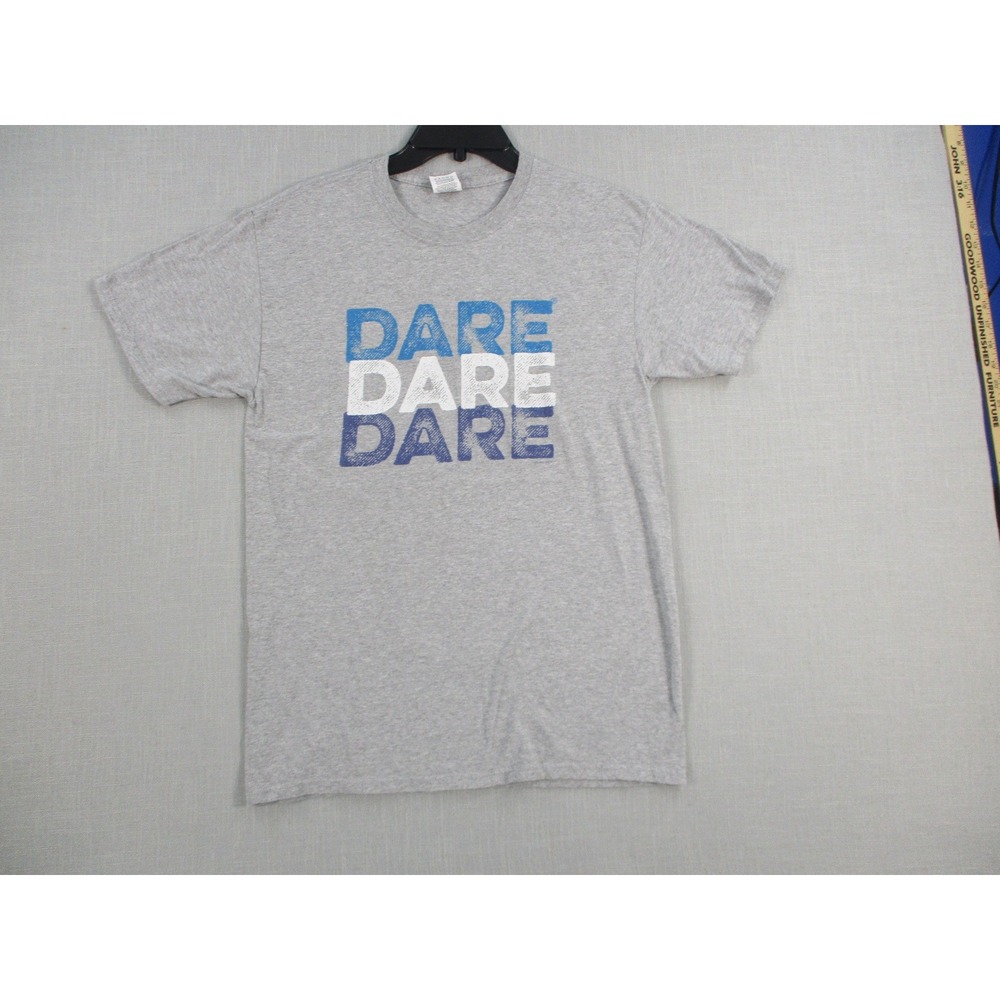 DARE Graphic T-Shirt Heather Gray Blue White Logo Crew Neck Short Sleeve Tee‎